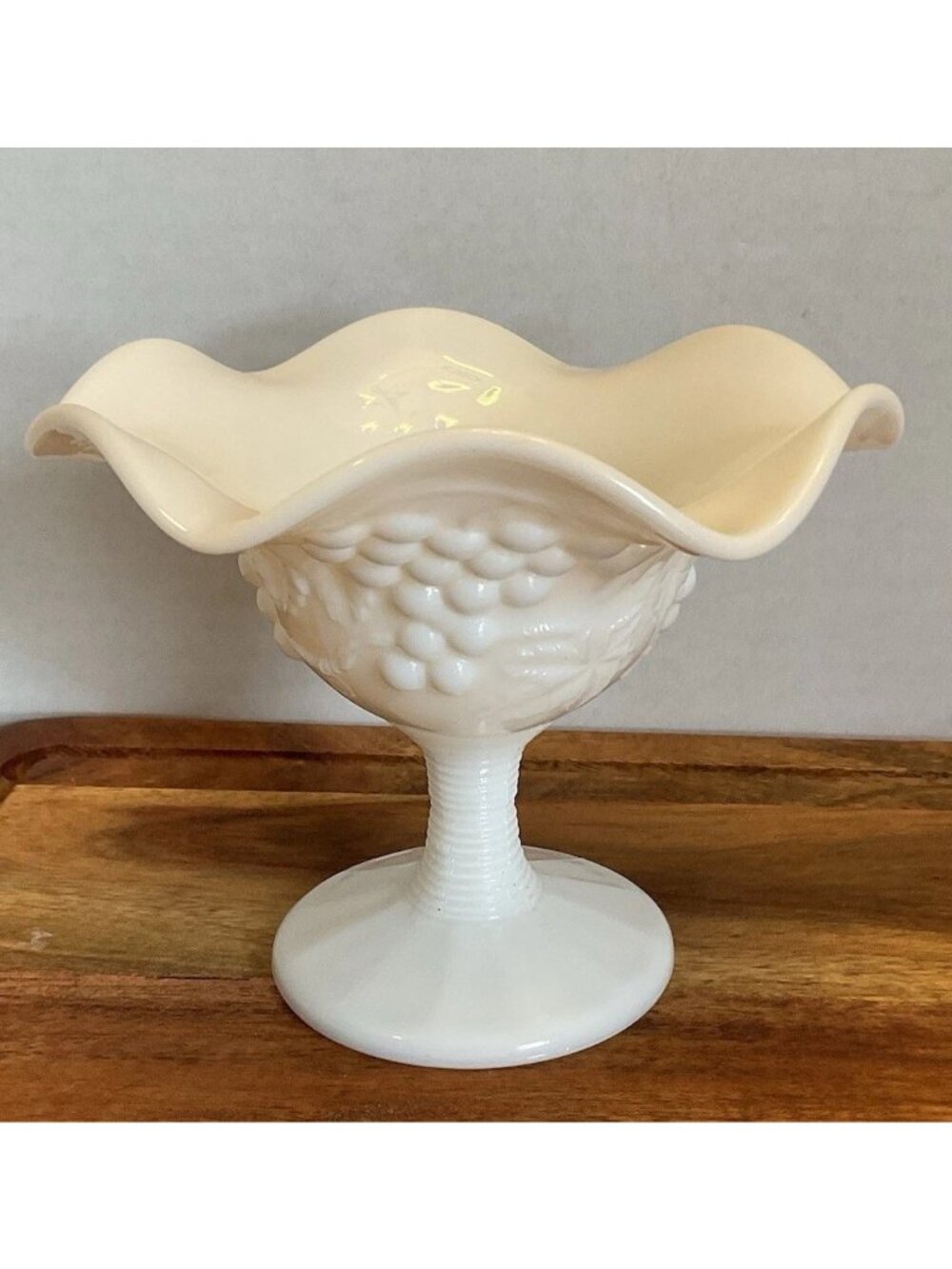 White milk Glass Wavy Footed  Bowl With Grape Leaf embossed Pattern